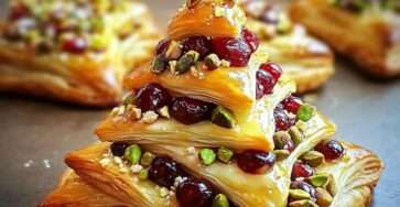 Mini sapins feuilletés dorés garnis de camembert, canneberges et pistaches, présentés sur un plateau en apéritif festif de Noël.