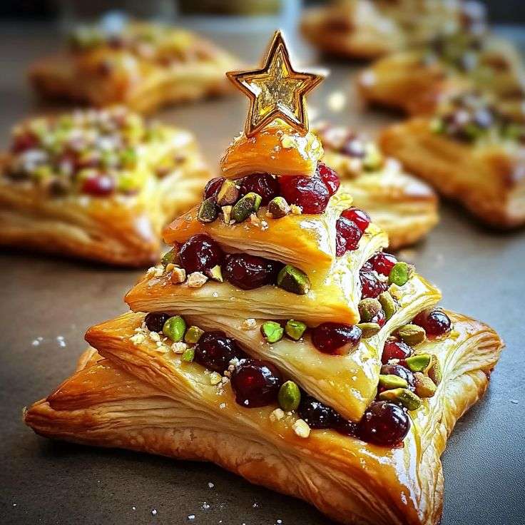 Mini sapins feuilletés dorés garnis de camembert, canneberges et pistaches, présentés sur un plateau en apéritif festif de Noël.