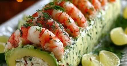 Rouleau d’avocat aux crevettes tranché en rondelles, garni de fromage frais et d’aneth, présenté sur un plat de service en entrée froide raffinée.