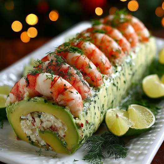 Rouleau d’avocat aux crevettes tranché en rondelles, garni de fromage frais et d’aneth, présenté sur un plat de service en entrée froide raffinée.