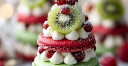 Sapins de Noël en macarons empilés, garnis de buttercream, de groseilles rouges, de kiwi et saupoudrés de sucre glace sur un plateau de fête.