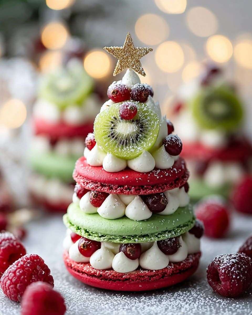 Sapins de Noël en macarons empilés, garnis de buttercream, de groseilles rouges, de kiwi et saupoudrés de sucre glace sur un plateau de fête.