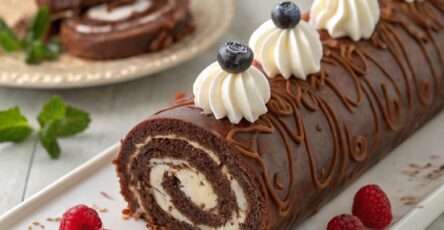 Roulé chocolat chantilly tranché, montrant une spirale de biscuit au cacao et de chantilly blanche, posé sur un plat de service avec saupoudrage de cacao.