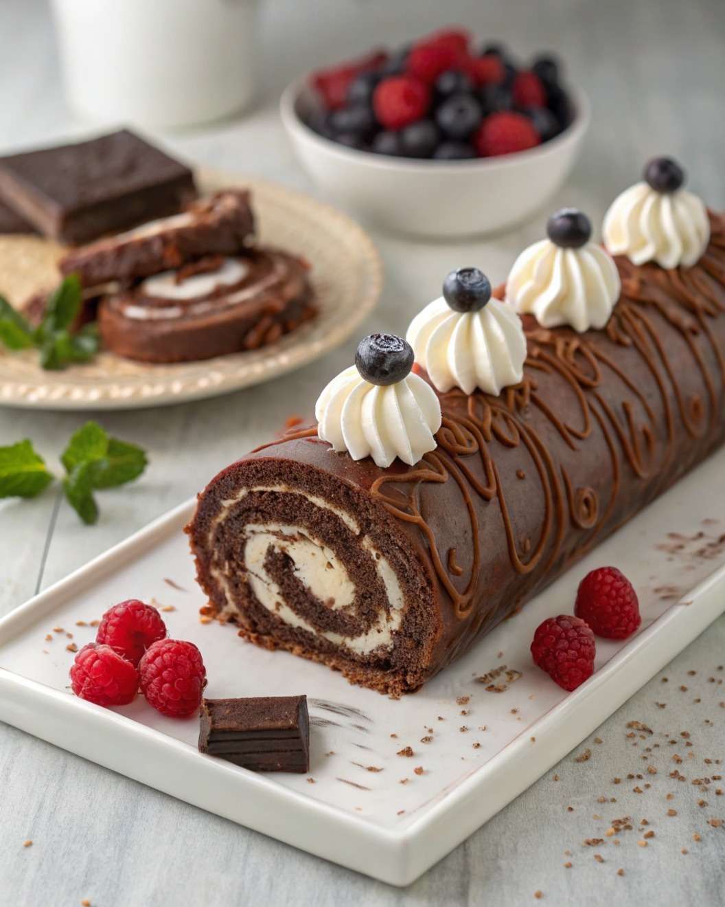 Roulé chocolat chantilly tranché, montrant une spirale de biscuit au cacao et de chantilly blanche, posé sur un plat de service avec saupoudrage de cacao.