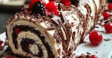 Gâteau roulé Forêt-Noire décoré de copeaux de chocolat et de cerises, tranché en parts sur un plat de service pour un dessert de fête élégant.