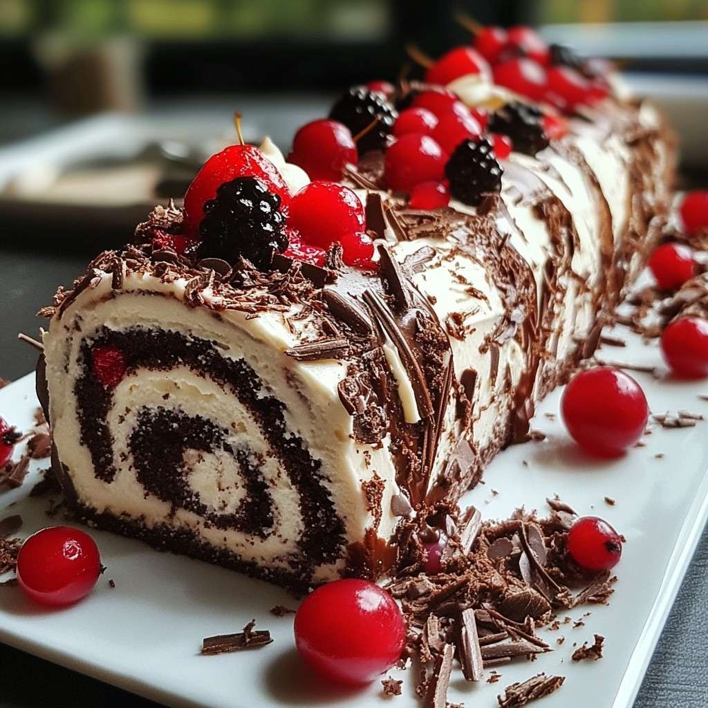 Gâteau roulé Forêt-Noire décoré de copeaux de chocolat et de cerises, tranché en parts sur un plat de service pour un dessert de fête élégant.