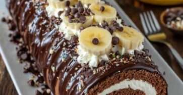 Bûche roulée chocolat banane avec glaçage brillant et décor de rondelles de banane