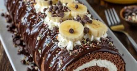 Bûche roulée chocolat banane avec glaçage brillant et décor de rondelles de banane