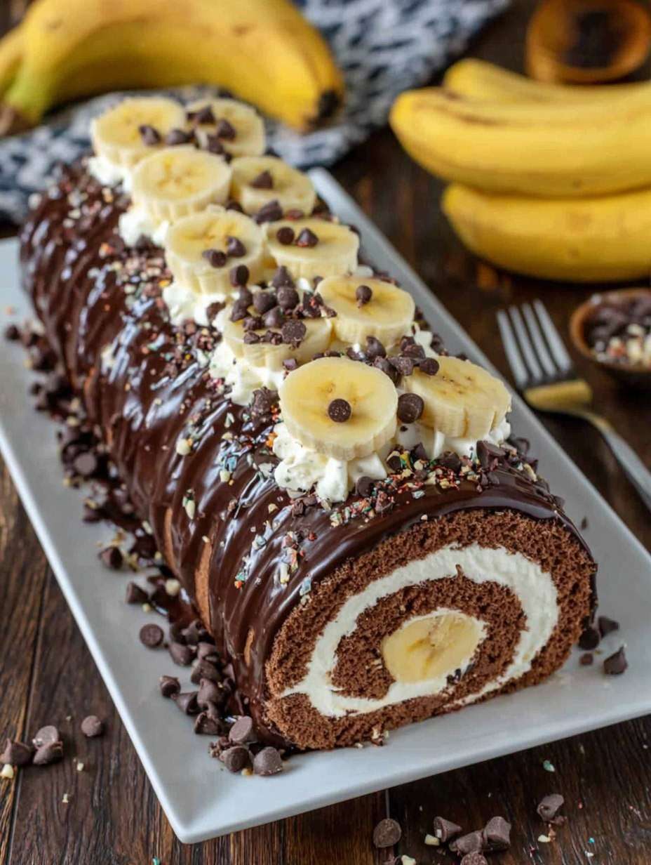 Bûche roulée chocolat banane avec glaçage brillant et décor de rondelles de banane