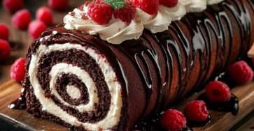 Bûche chocolat framboise décorée de framboises fraîches et ganache brillante