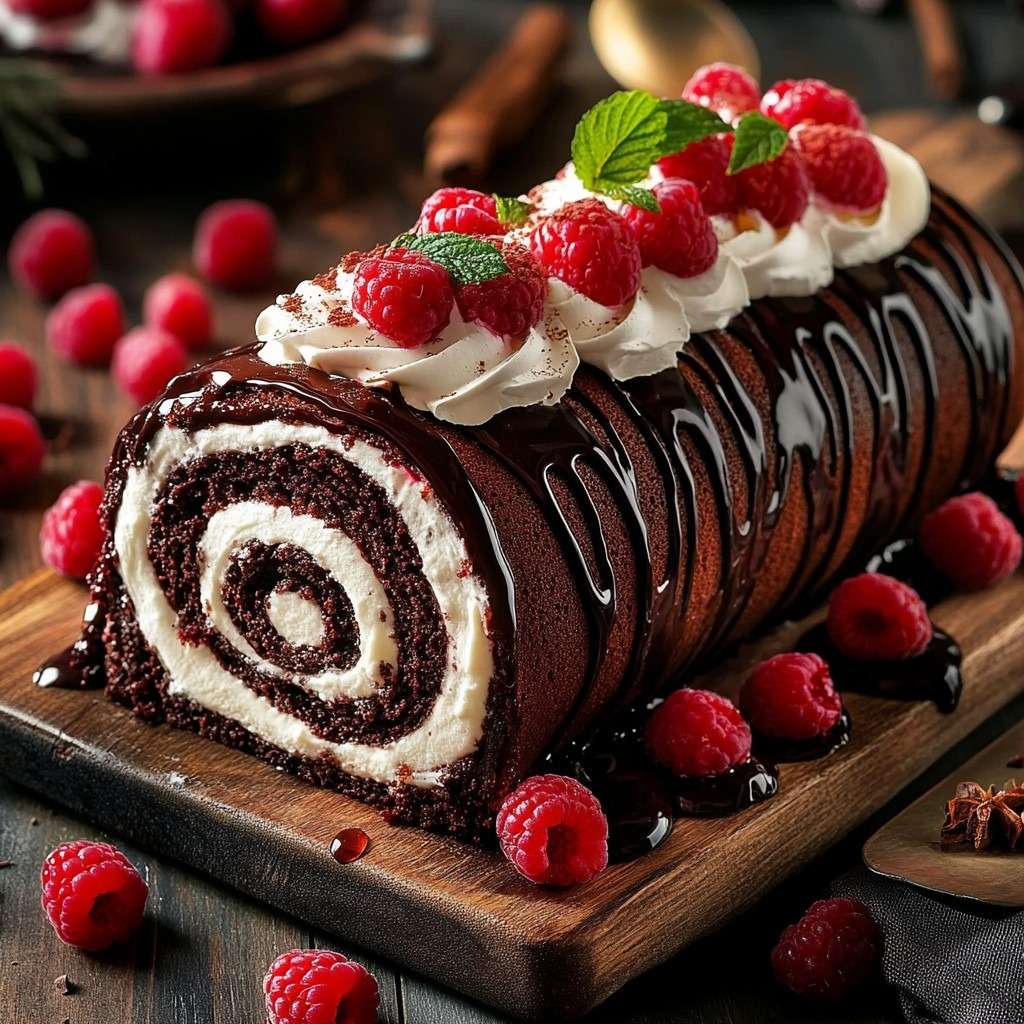 Bûche chocolat framboise décorée de framboises fraîches et ganache brillante