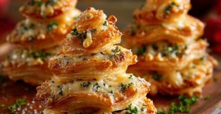 Feuilletés sapins au fromage dorés aux herbes de Provence servis en apéritif de Noël