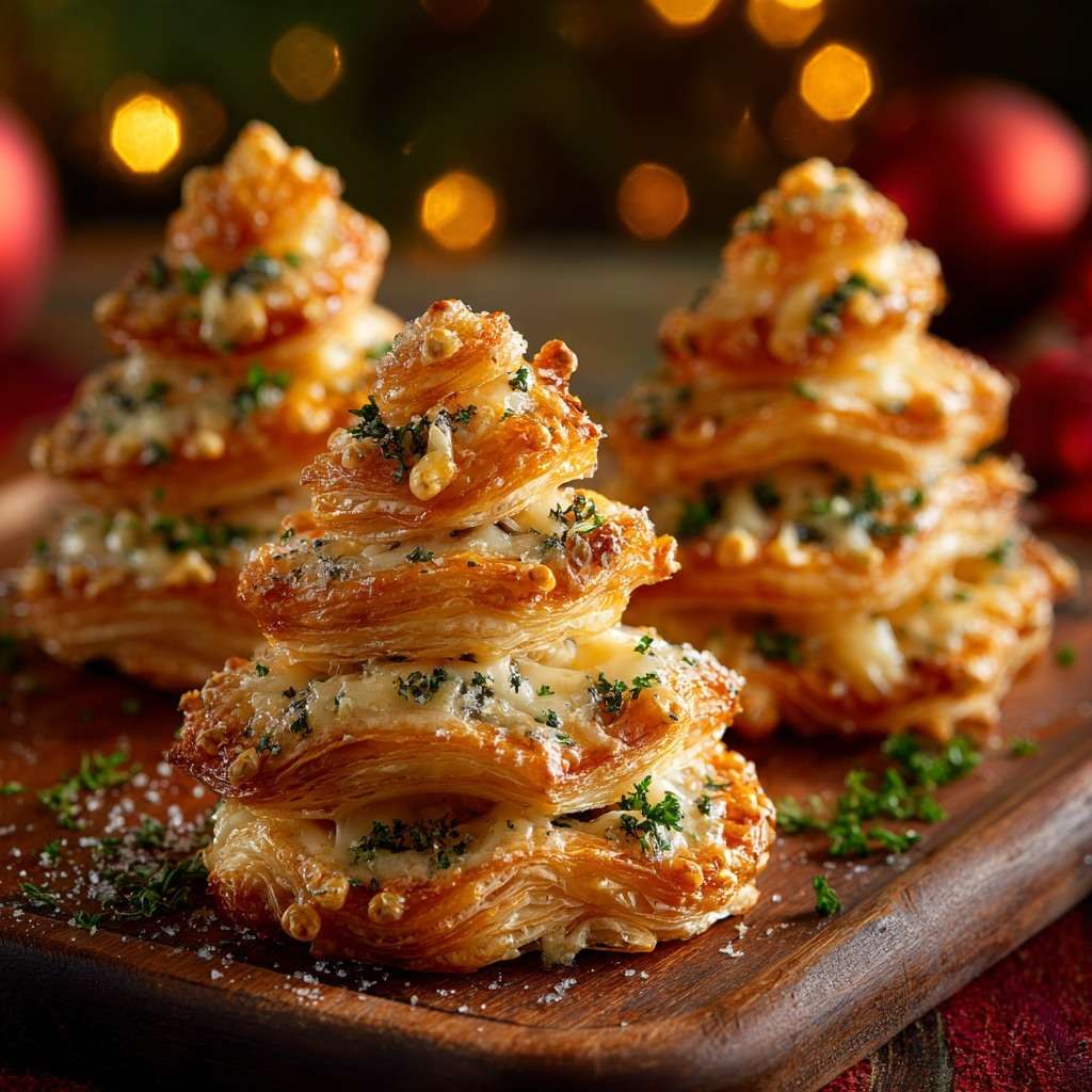 Feuilletés sapins au fromage dorés aux herbes de Provence servis en apéritif de Noël
