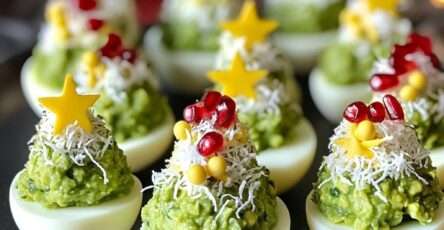 Assiette d’œufs mimosa sapin de Noël à l’avocat décorés de fromage râpé et graines de grenade