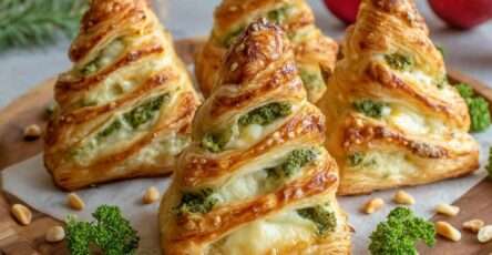 Sapins feuilletés brocoli garnis de pesto, mozzarella fondante et pignons de pin dorés