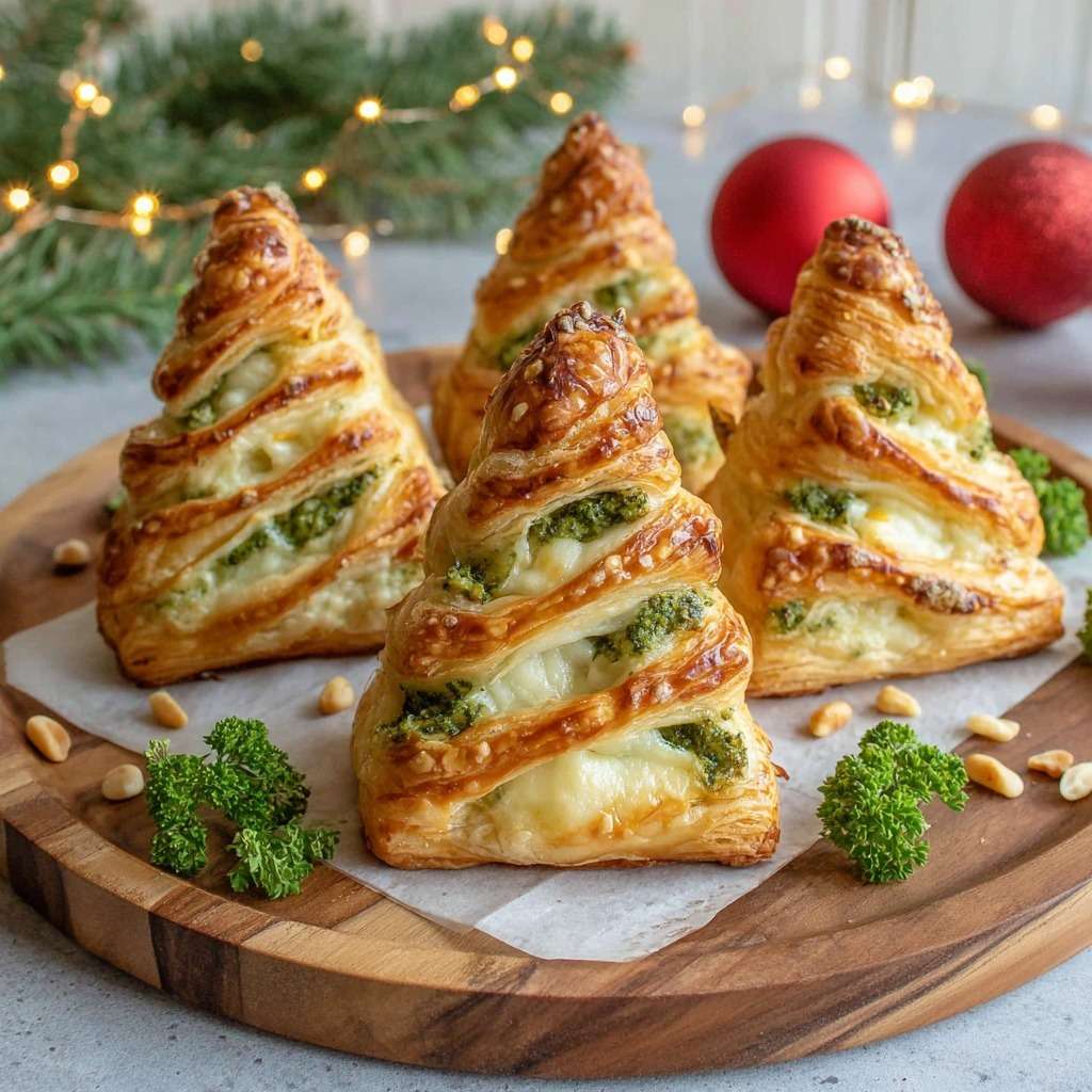 Sapins feuilletés brocoli garnis de pesto, mozzarella fondante et pignons de pin dorés