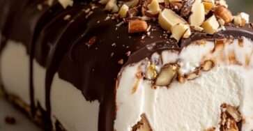 Bûche glacée vanille avec cœur praliné croustillant et glaçage chocolat brillant