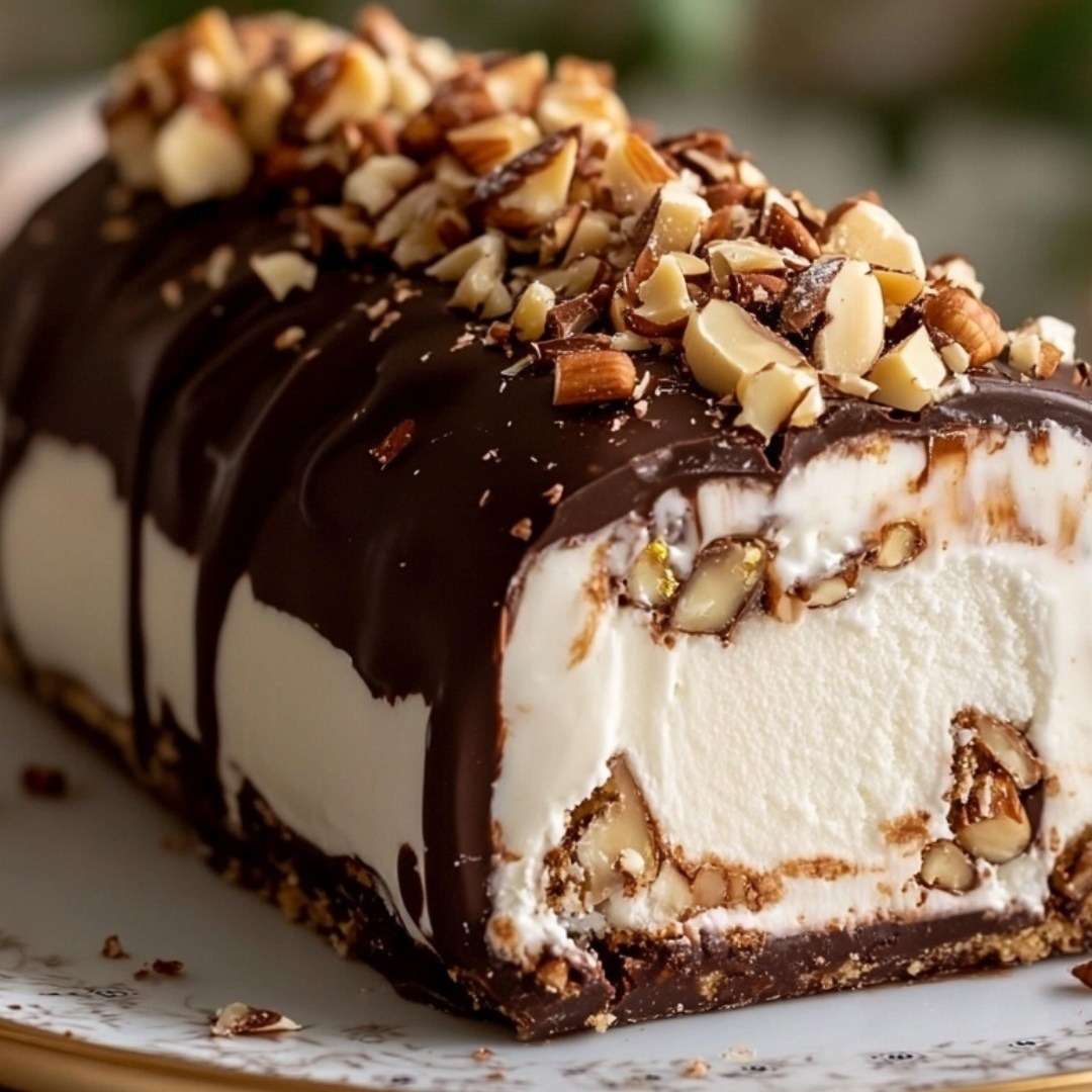 Bûche glacée vanille avec cœur praliné croustillant et glaçage chocolat brillant