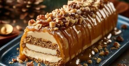 Bûche caramel beurre salé glacée avec éclats croquants et caramel coulant