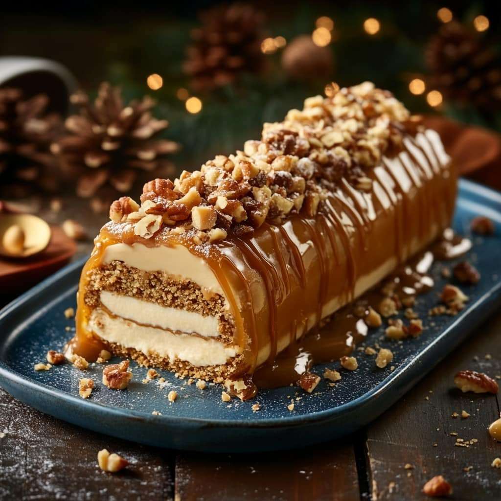 Bûche caramel beurre salé glacée avec éclats croquants et caramel coulant