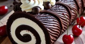 Bûche chocolat cerises garnie de chantilly, cerises et ganache brillante