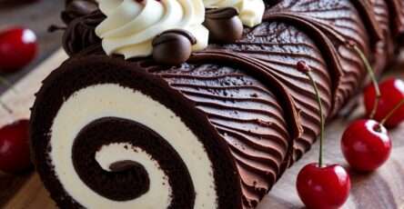 Bûche chocolat cerises garnie de chantilly, cerises et ganache brillante