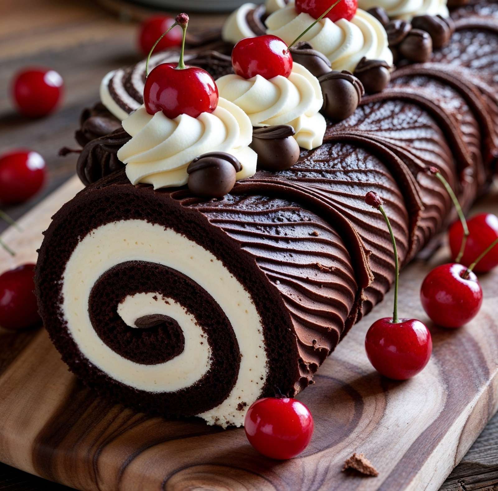 Bûche chocolat cerises garnie de chantilly, cerises et ganache brillante