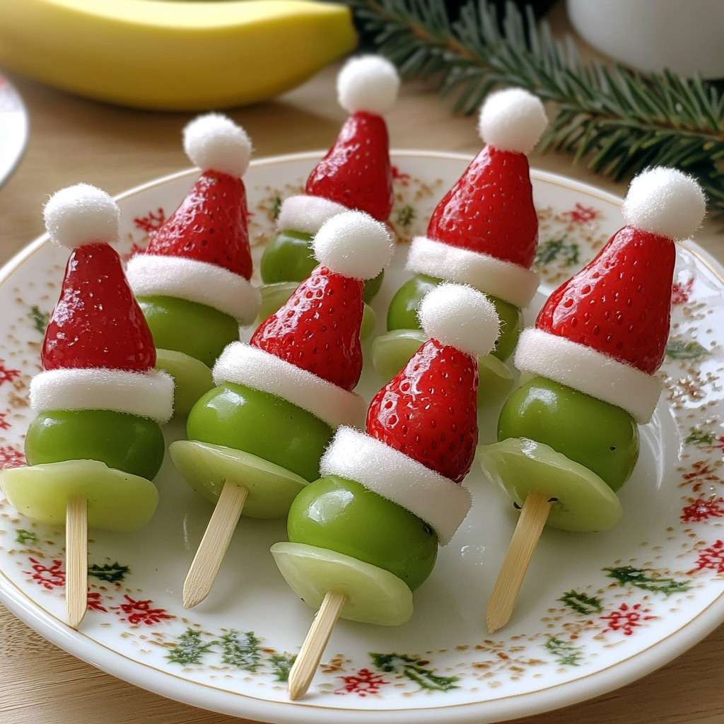 Brochettes Père Noël aux fruits avec fraises, raisins et banane sur un plateau festif