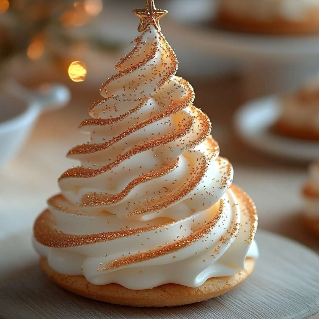 Sapin de Noël gourmand en pâte sablée et crème vanille décoré de paillettes dorées