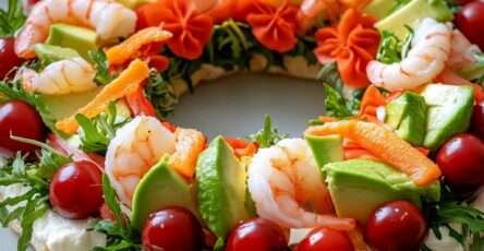 Couronne feuilletée salée garnie de crevettes, avocat, roquette et crème citronnée