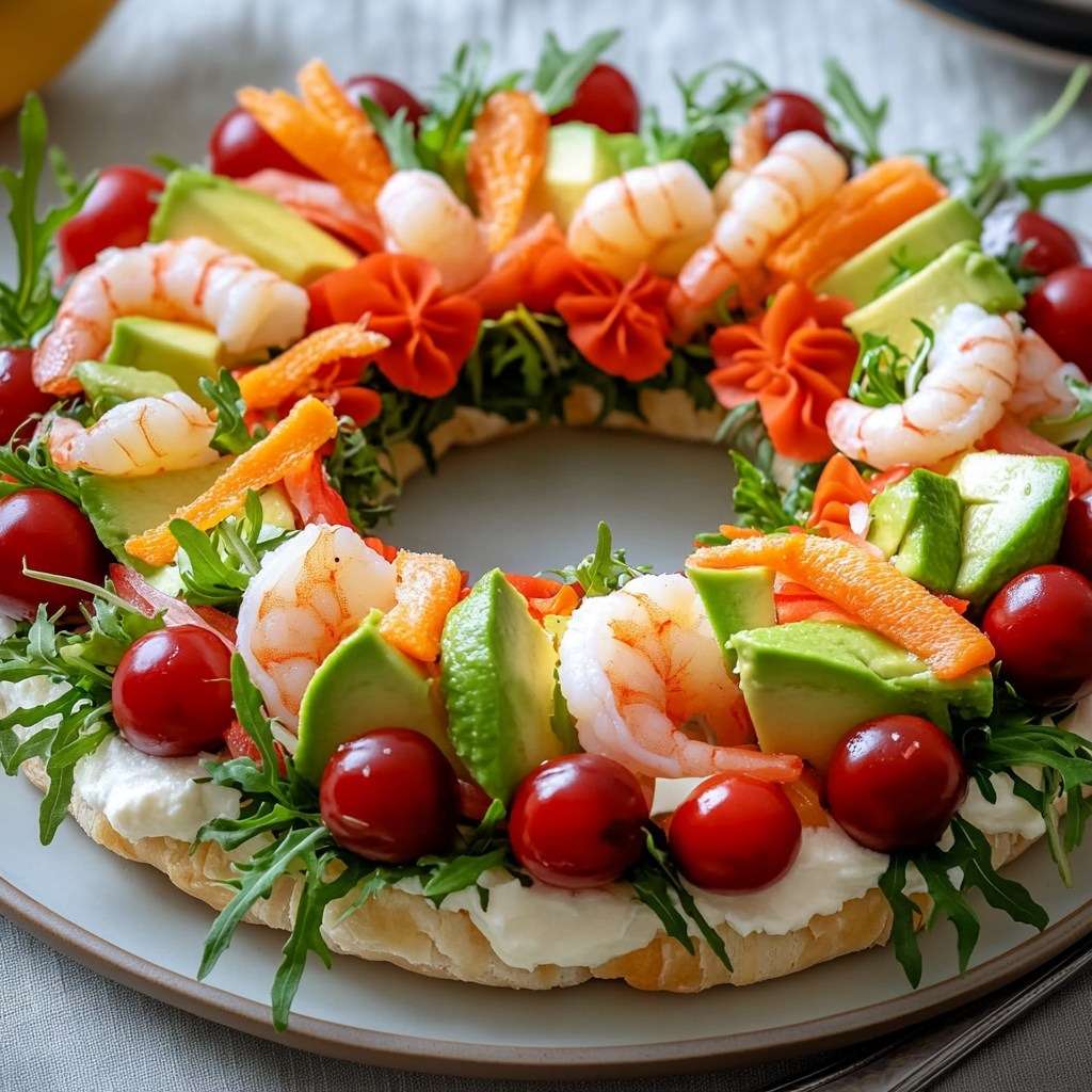 Couronne feuilletée salée garnie de crevettes, avocat, roquette et crème citronnée