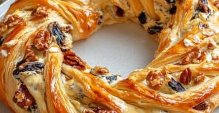Couronne feuilletée fromage, noix et pruneaux dorée et croustillante sur une plaque