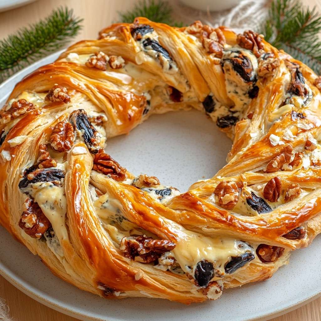 Couronne feuilletée fromage, noix et pruneaux dorée et croustillante sur une plaque