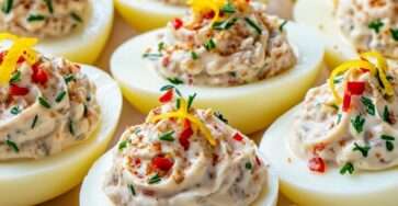 Œufs farcis thon garnis d’herbes fraîches, poivron rouge et zeste de citron