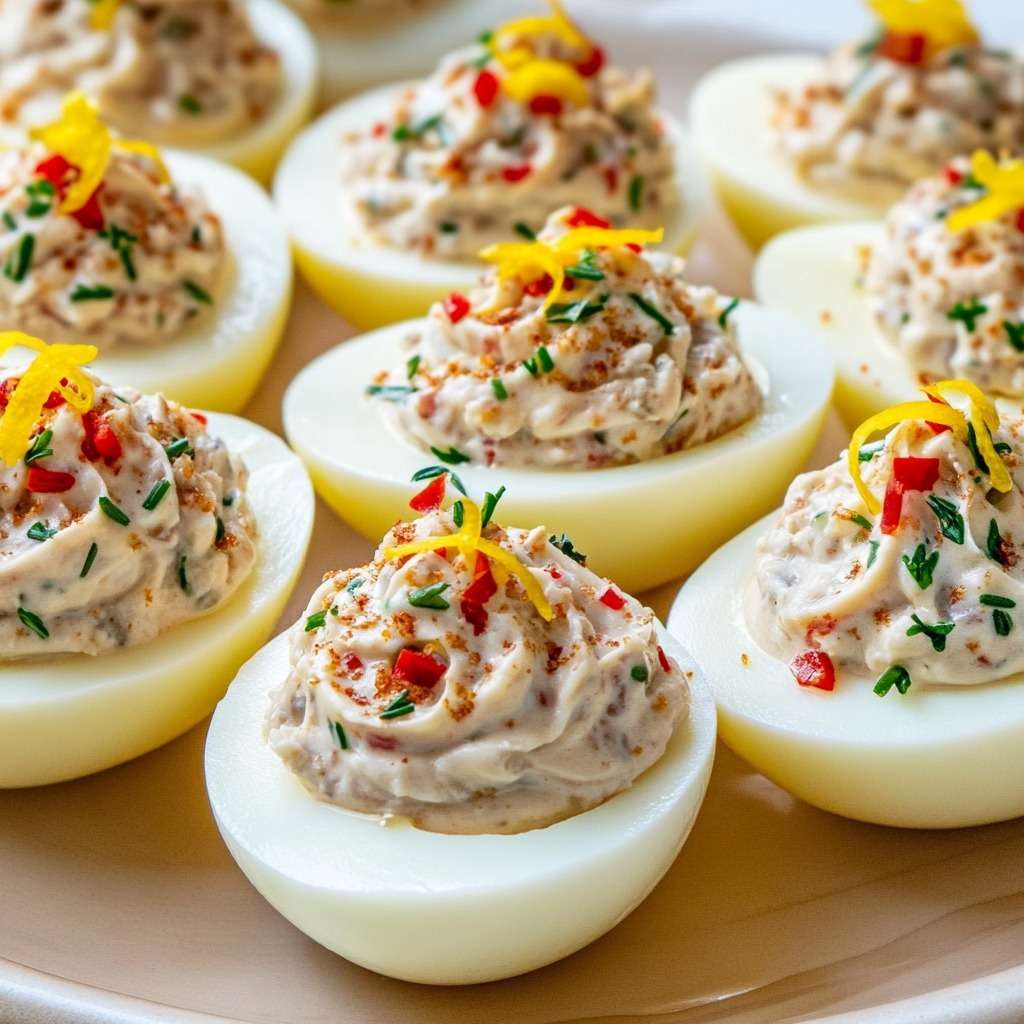 Œufs farcis thon garnis d’herbes fraîches, poivron rouge et zeste de citron