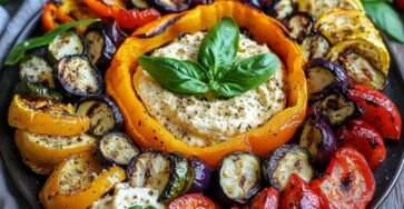 Couronne légumes grillés autour d’un houmous crémeux décoré de basilic