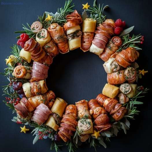 Couronne roulés gourmands composée de bouchées dorées, romarin et fruits rouges