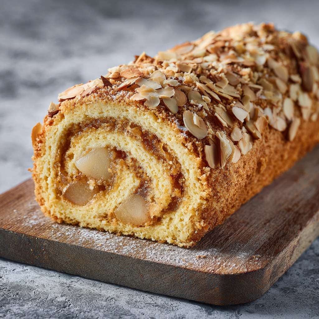 Roulé poire amande garni de crème mascarpone et amandes effilées