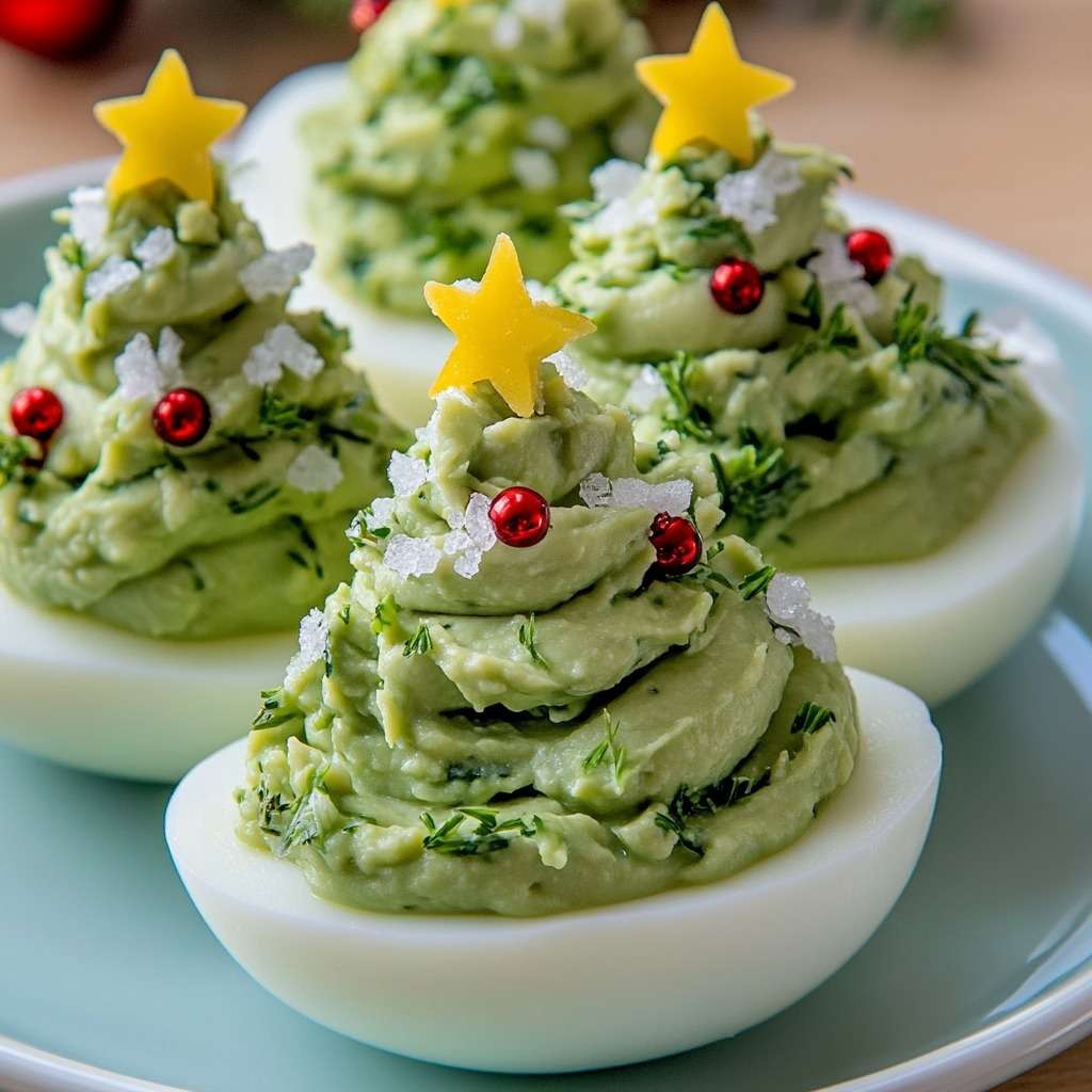 Œufs farcis guacamole en forme de sapins décorés de perles rouges et étoiles de fromage