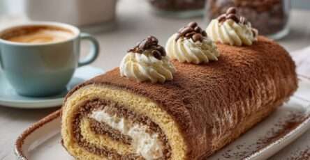 Roulé tiramisu café au mascarpone, saupoudré de cacao et décoré de grains de café