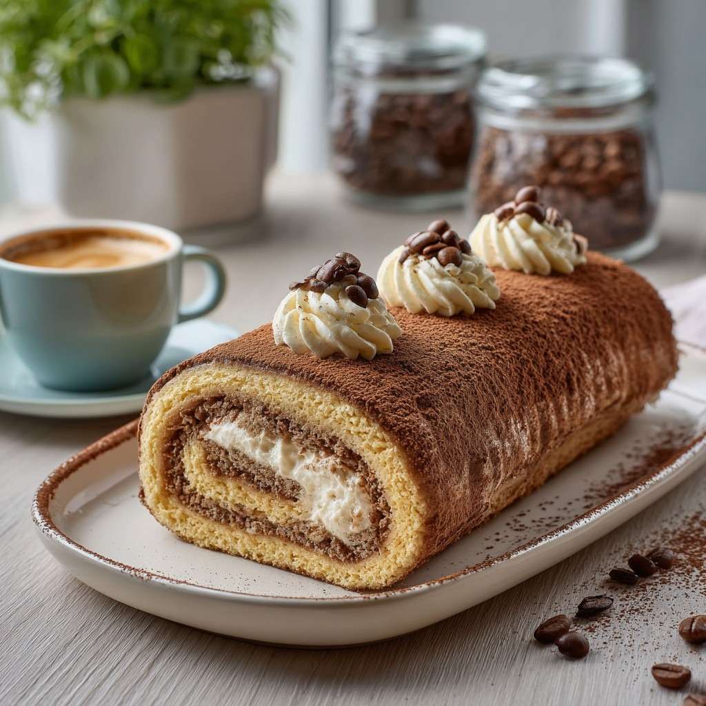 Roulé tiramisu café au mascarpone, saupoudré de cacao et décoré de grains de café