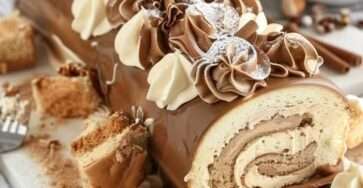 Bûche café Noël roulée, poudrée de cacao, décorée de grains de café