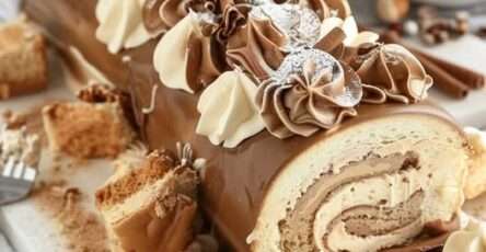 Bûche café Noël roulée, poudrée de cacao, décorée de grains de café