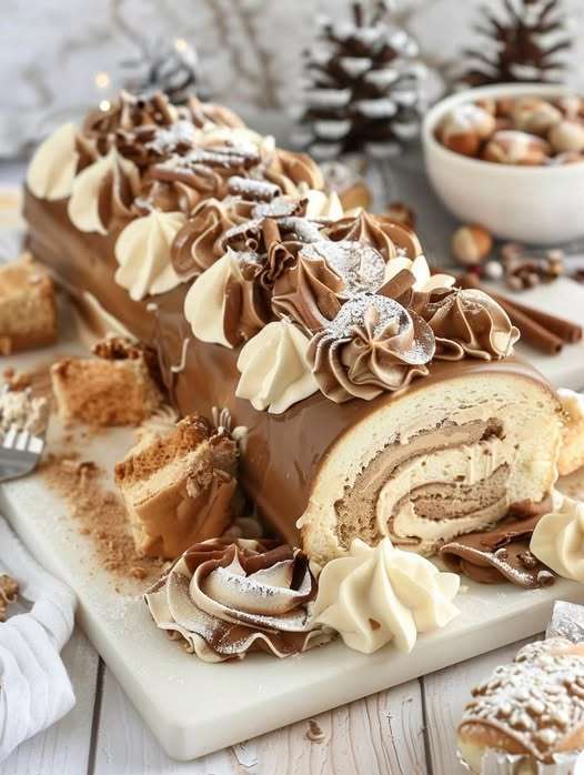 Bûche café Noël roulée, poudrée de cacao, décorée de grains de café