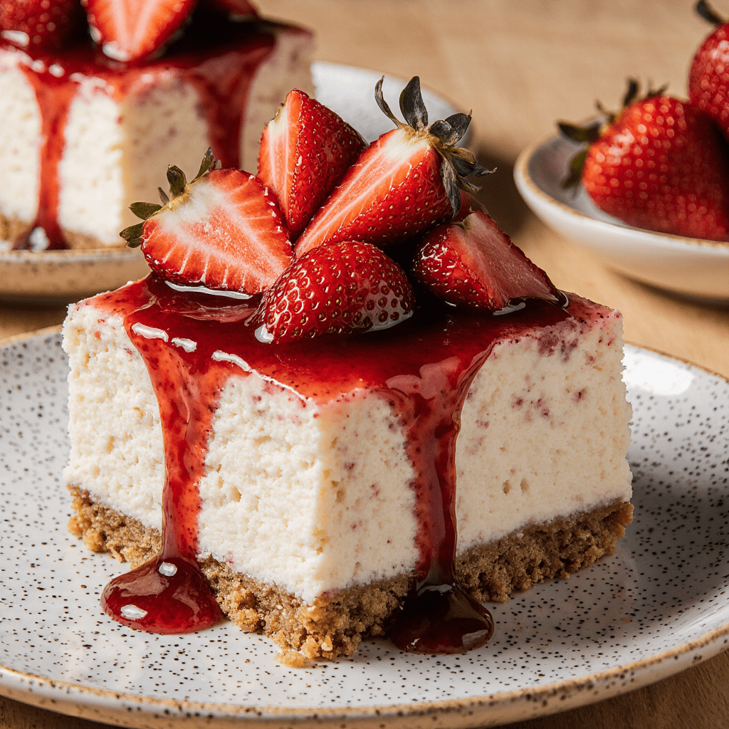 Cheesecake à la fraise sans cuisson avec base biscuitée, crème onctueuse et nappage de fraises fraîches.
