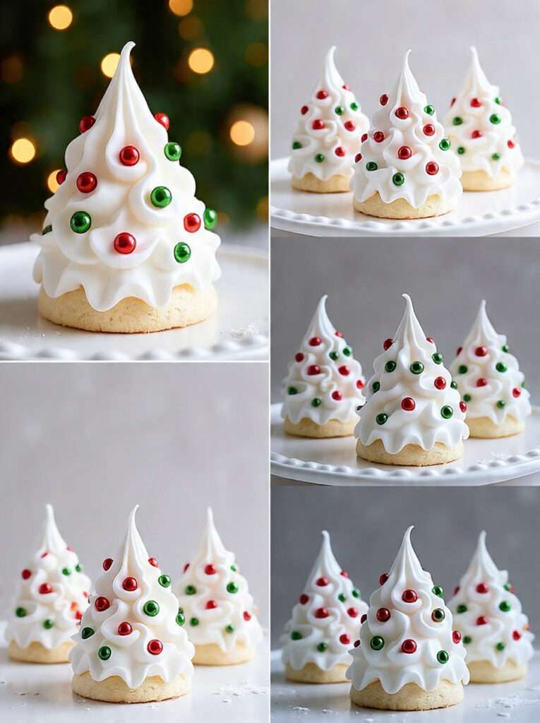 meringues de Noël en forme de sapins verts décorés