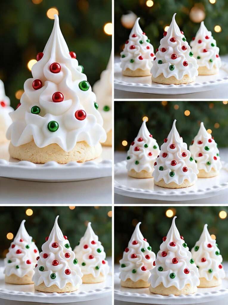 meringues de Noël en forme de sapins verts décorés