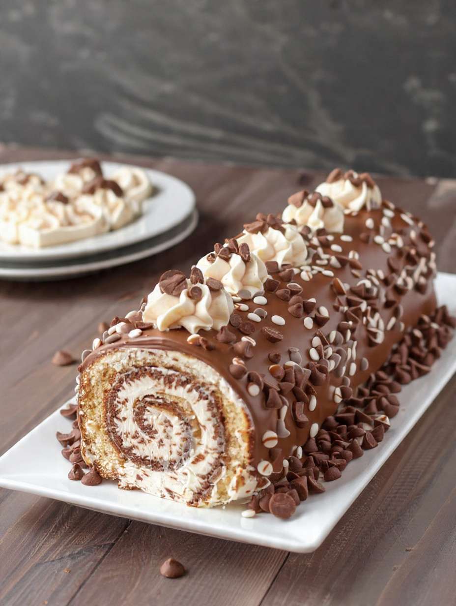 Bûche roulée au chocolat garnie de ganache brillante, décorée de copeaux et chantilly.
