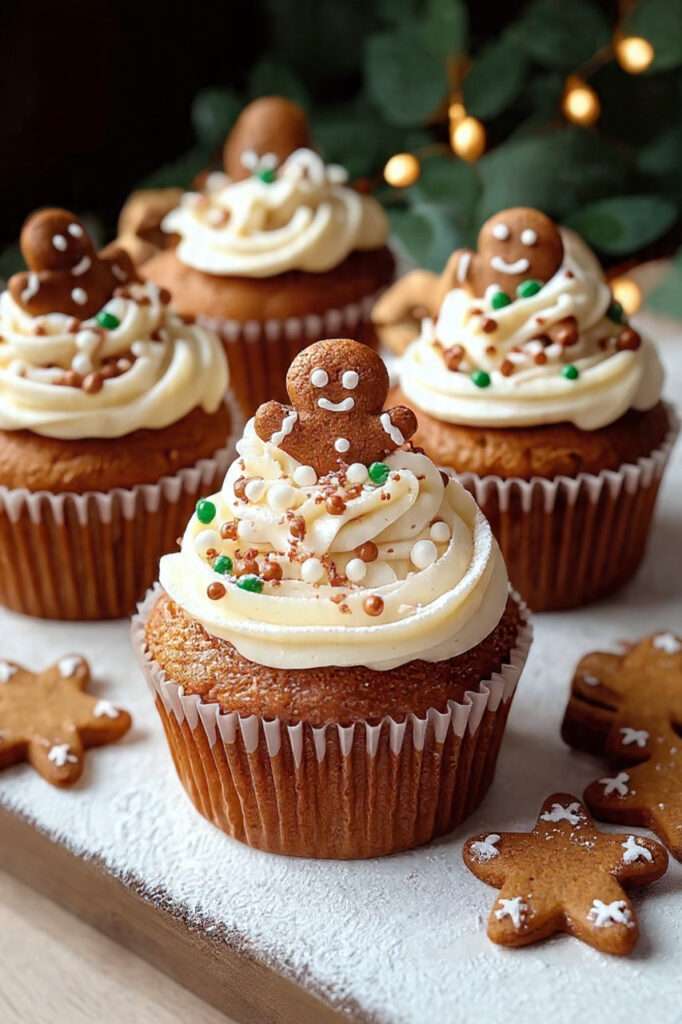 Cupcakes pain d’épices décorés avec un glaçage cream cheese et des décorations de Noël.