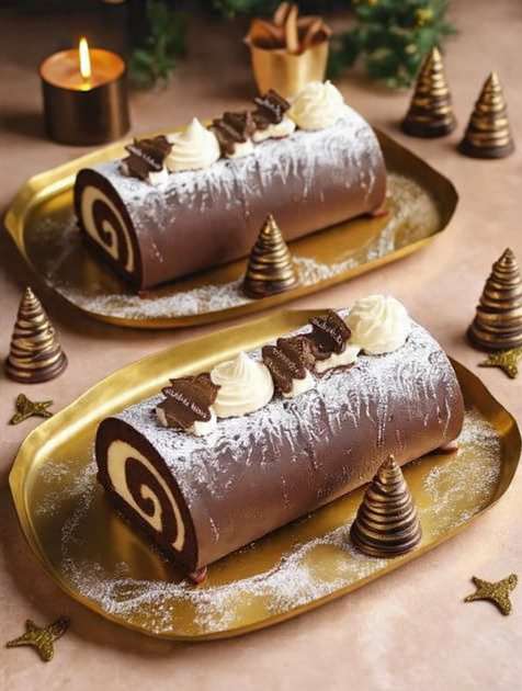 Bûche chocolat mascarpone roulée garnie de crème vanille et recouverte de ganache brillante.